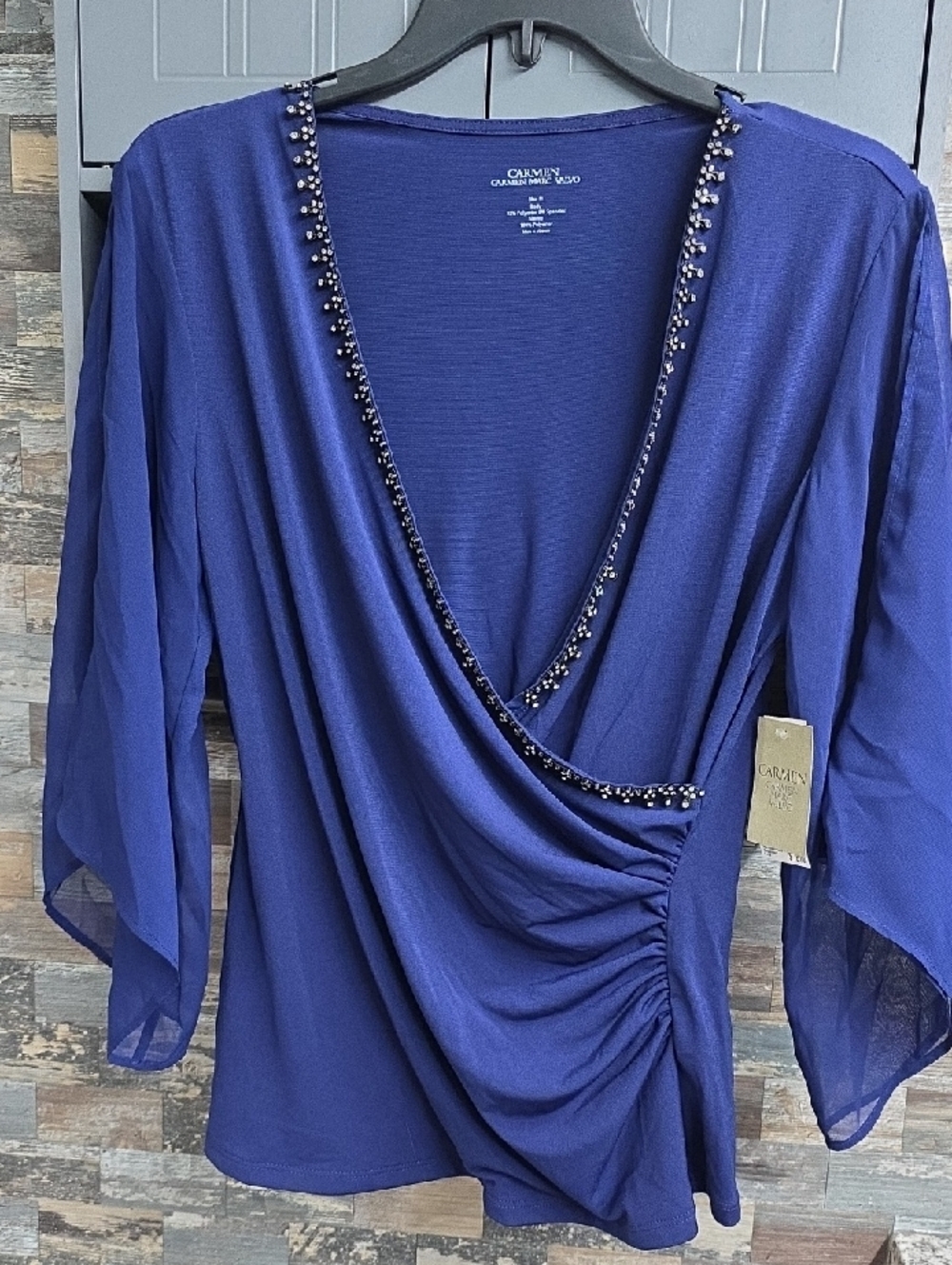 Carmen Marc Valvo Beaded Surplice Royal Blue Blouse